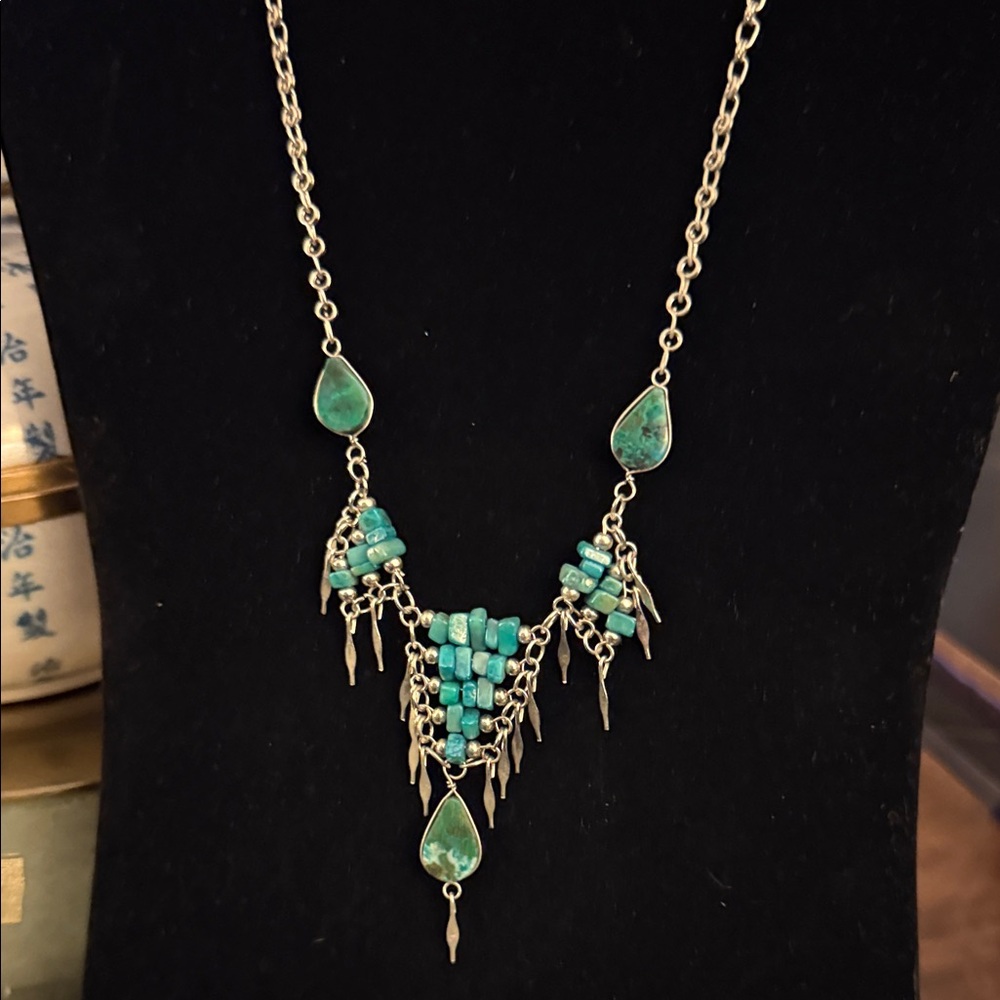 Elegant handmade in Peru, alpaca Silver and Green teal turquoise Necklace - Picture 3 of 5
